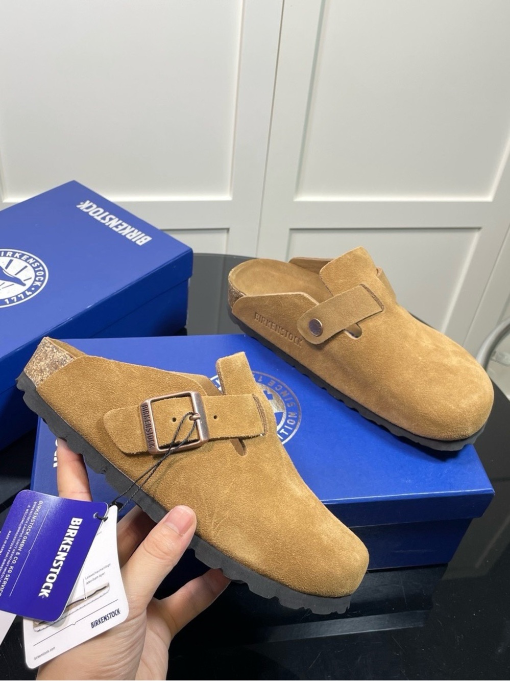 BIRKENSTOCK Boston taupe suede mule clogs
